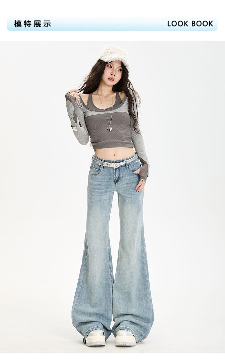실사 하늘색 아메리칸 레트로 핫걸 나팔 바지 다용도 슬림해 보이는 도루 센스 바닥 청소 청바지 여성 상세 이미지 8