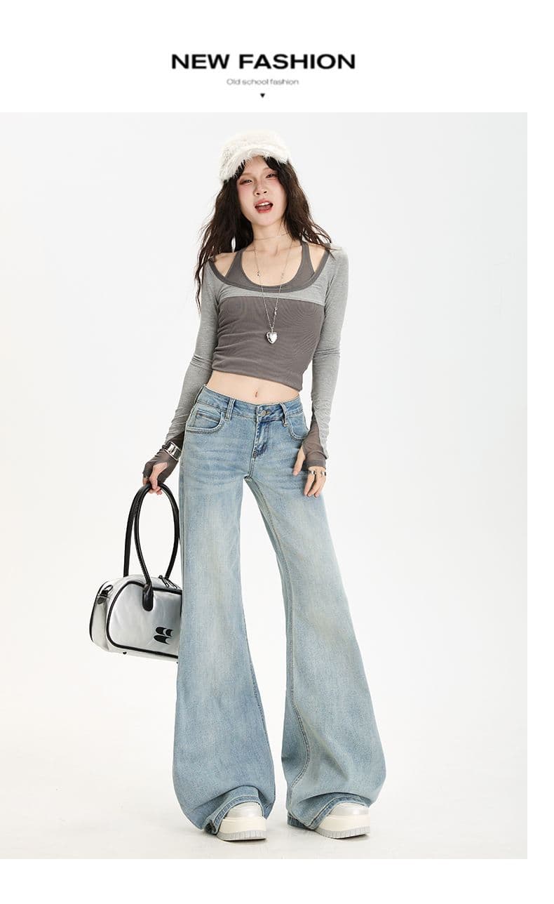 실사 하늘색 아메리칸 레트로 핫걸 나팔 바지 다용도 슬림해 보이는 도루 센스 바닥 청소 청바지 여성 상세 이미지 14