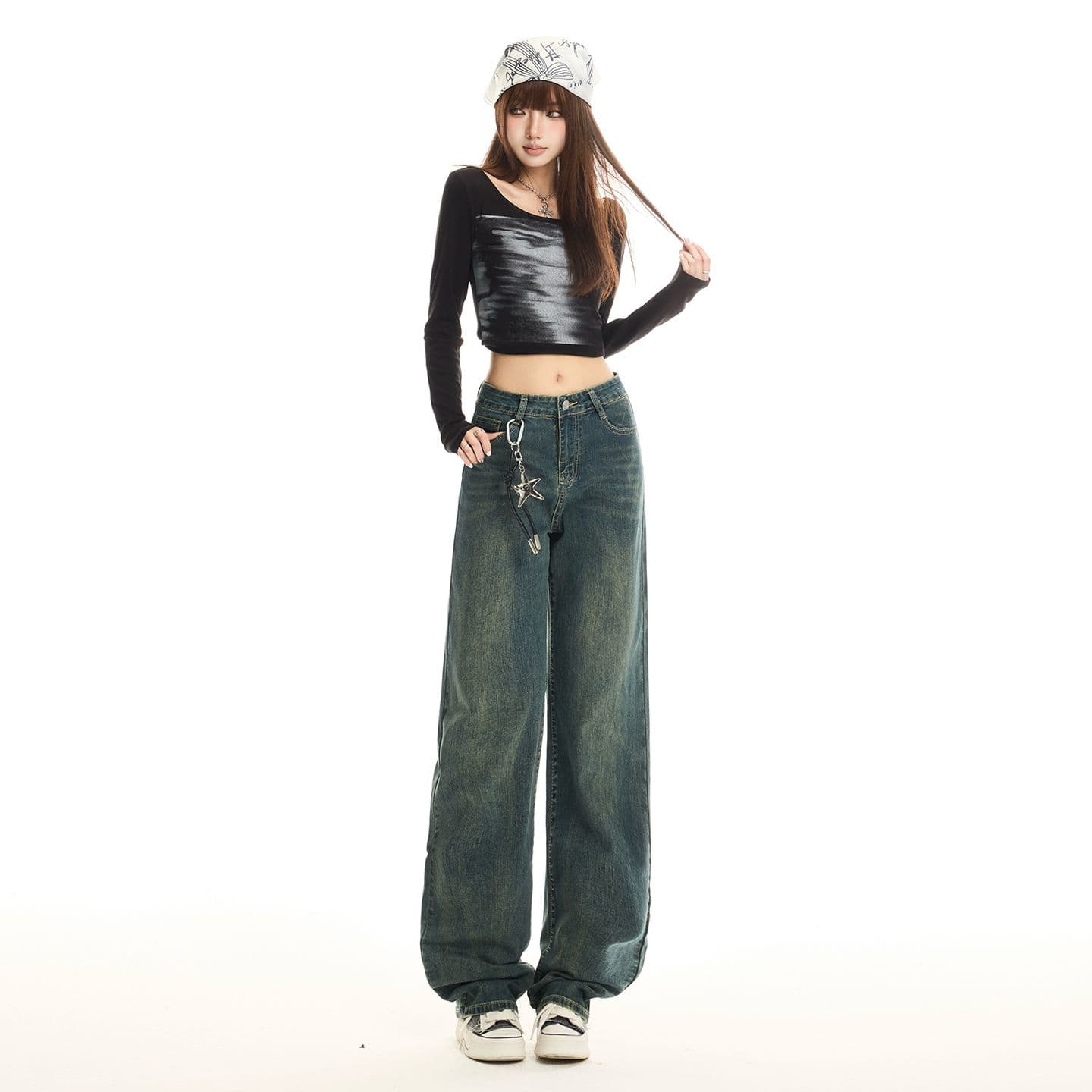 실사 좁은 에디션 넓은 다리 청바지 여성 하이웨이스트 슬림해 보이는 스트레이트 바닥 청소 바지