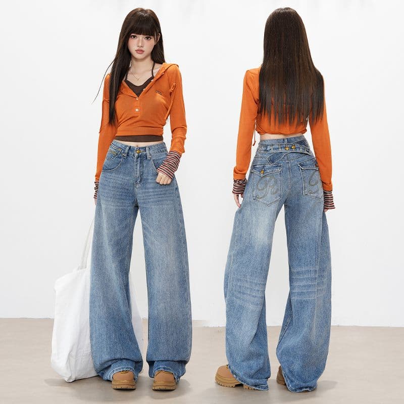 실사 아메리칸 레트로 파리 버클 디자인 대나무 마디 데님 루즈핏 넓은 다리 청바지 여성 이미지 3