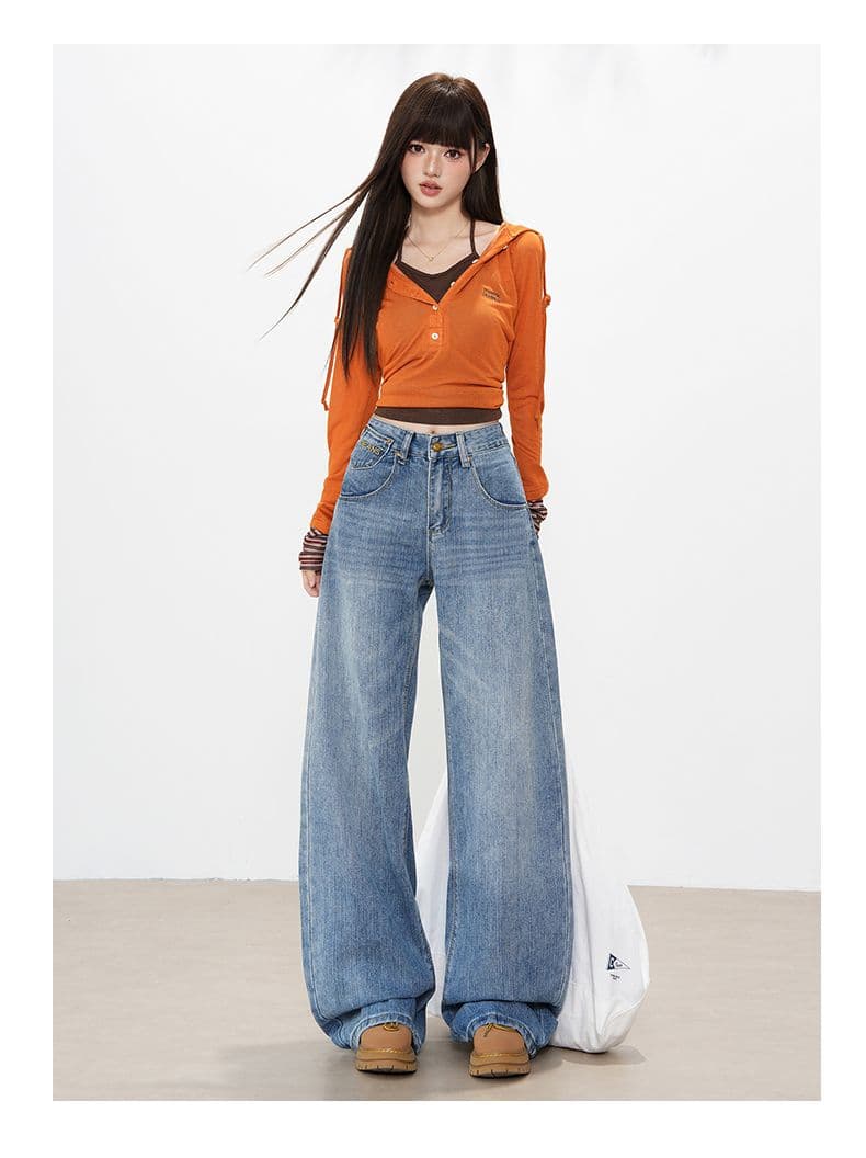 실사 아메리칸 레트로 파리 버클 디자인 대나무 마디 데님 루즈핏 넓은 다리 청바지 여성 상세 이미지 8
