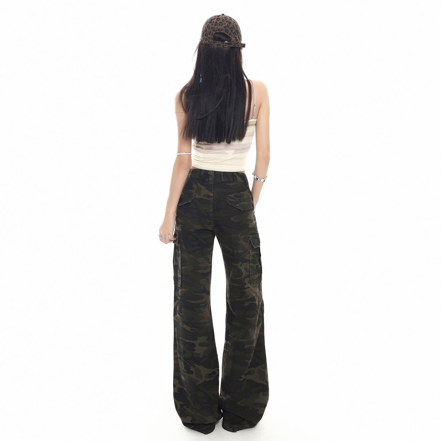 실사 아메리칸 레트로 카모플라주 워크웨어 팬츠 여성 여름 웃음 하 루즈핏 부츠컷 바닥 청소 도루 센스 캐주얼 긴 바지 이미지 2