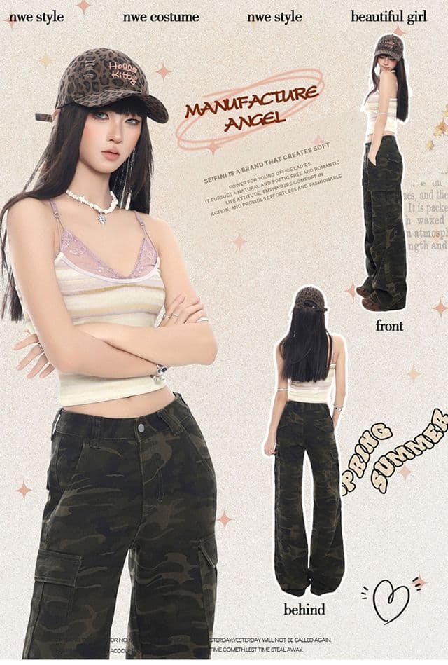 실사 아메리칸 레트로 카모플라주 워크웨어 팬츠 여성 여름 웃음 하 루즈핏 부츠컷 바닥 청소 도루 센스 캐주얼 긴 바지 상세 이미지 1