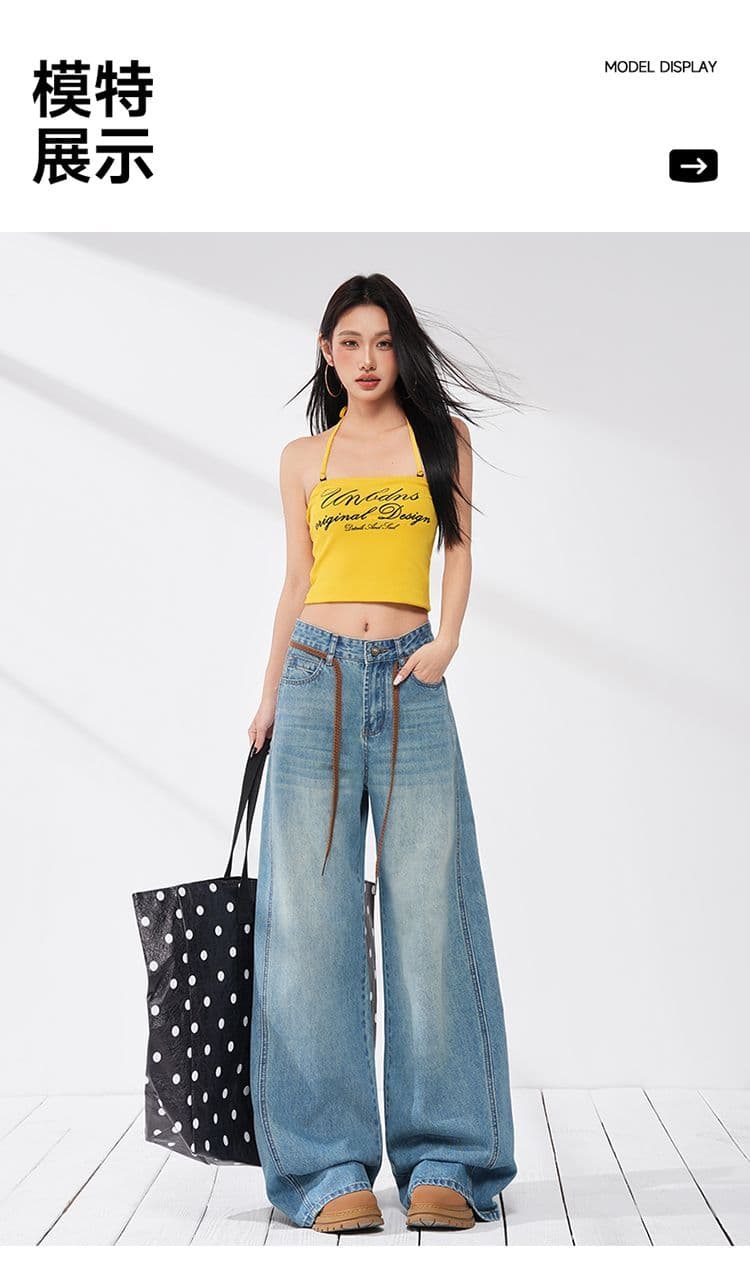 실사 가을 새로운 느슨함 느긋한 디자인 센스 패션 펌프 로프 와이드 레그 팬츠 조수 브랜드 청바지 여성 바닥 청소 바지 상세 이미지 9