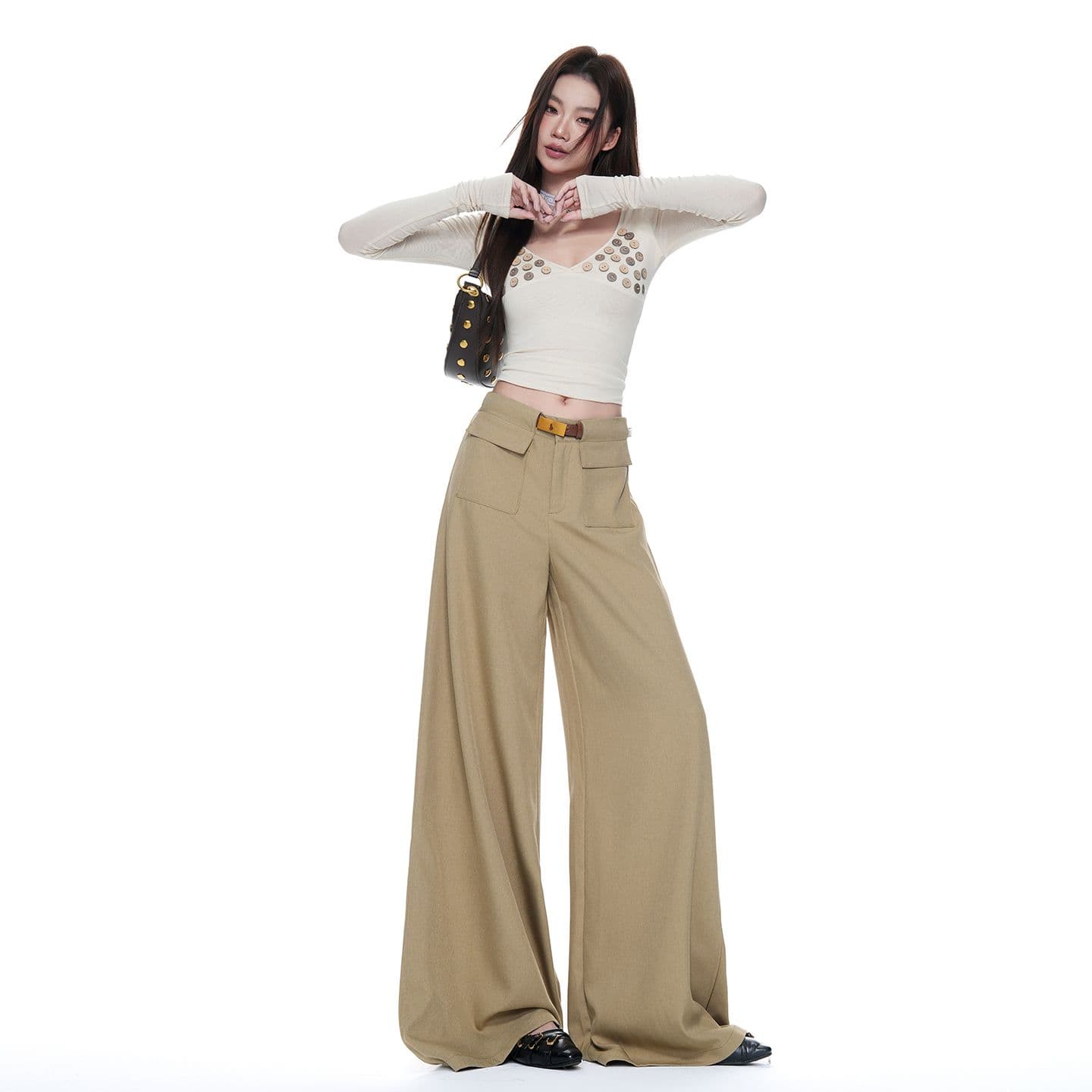 실사 카키 색 주머니 디자인 정장 와이드 레그 팬츠 가을 새로운 하이웨이스트 캐주얼 바닥 청소 바지 이미지 2