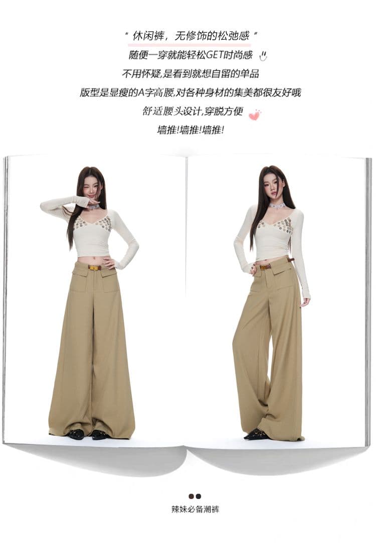실사 카키 색 주머니 디자인 정장 와이드 레그 팬츠 가을 새로운 하이웨이스트 캐주얼 바닥 청소 바지 상세 이미지 2