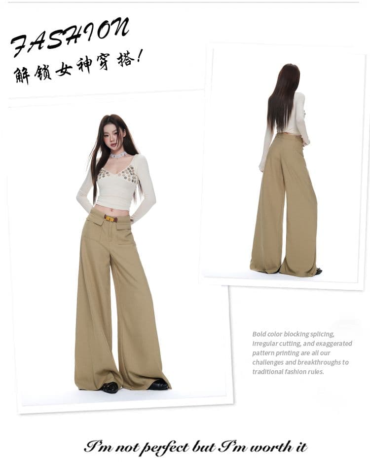 실사 카키 색 주머니 디자인 정장 와이드 레그 팬츠 가을 새로운 하이웨이스트 캐주얼 바닥 청소 바지 상세 이미지 5