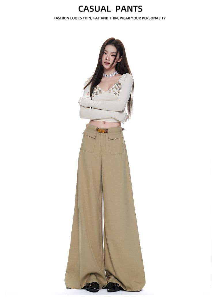 실사 카키 색 주머니 디자인 정장 와이드 레그 팬츠 가을 새로운 하이웨이스트 캐주얼 바닥 청소 바지 상세 이미지 9