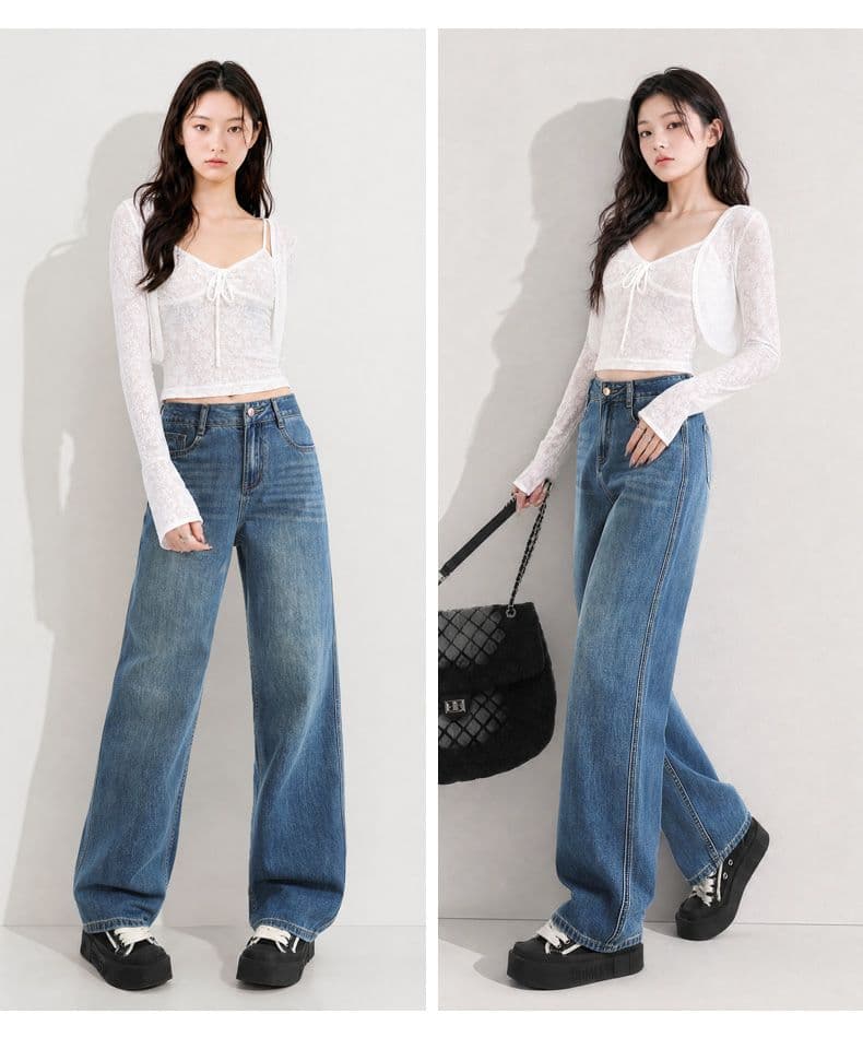 실사 워싱 하이웨이스트 넓은 다리 청바지 도루 센스 루즈핏 배 모양 몸 표지 고기 슬림해 보이는 바닥 청소 스트레이트 긴 바지 상세 이미지 19