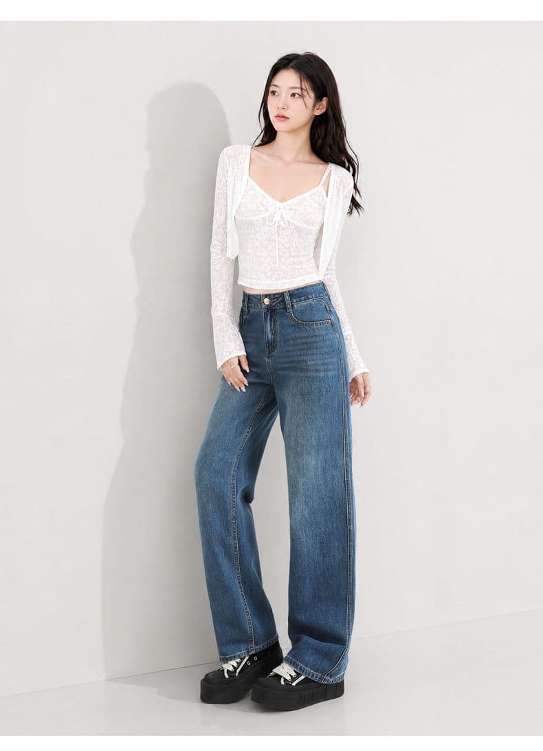 실사 워싱 하이웨이스트 넓은 다리 청바지 도루 센스 루즈핏 배 모양 몸 표지 고기 슬림해 보이는 바닥 청소 스트레이트 긴 바지 상세 이미지 22