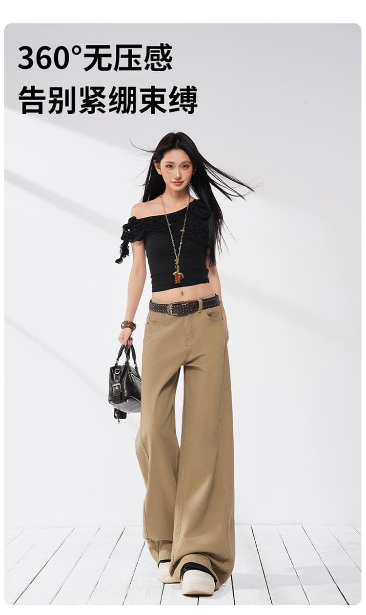 실사 가을 아메리칸 카키 색 폭발 측면 솔기 당겨 높은 개성 디자인 슬림해 보이는 바닥 청소 넓은 다리 청바지 여성 상세 이미지 6