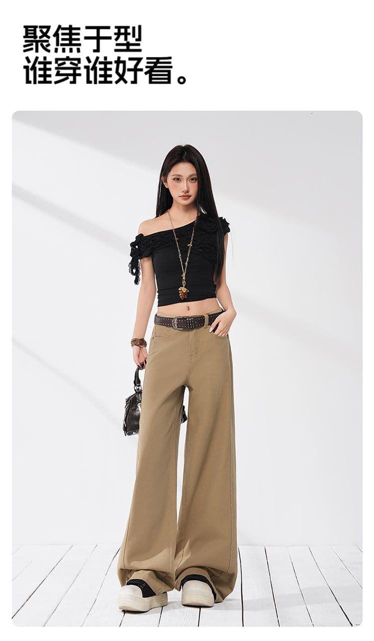 실사 가을 아메리칸 카키 색 폭발 측면 솔기 당겨 높은 개성 디자인 슬림해 보이는 바닥 청소 넓은 다리 청바지 여성 상세 이미지 9