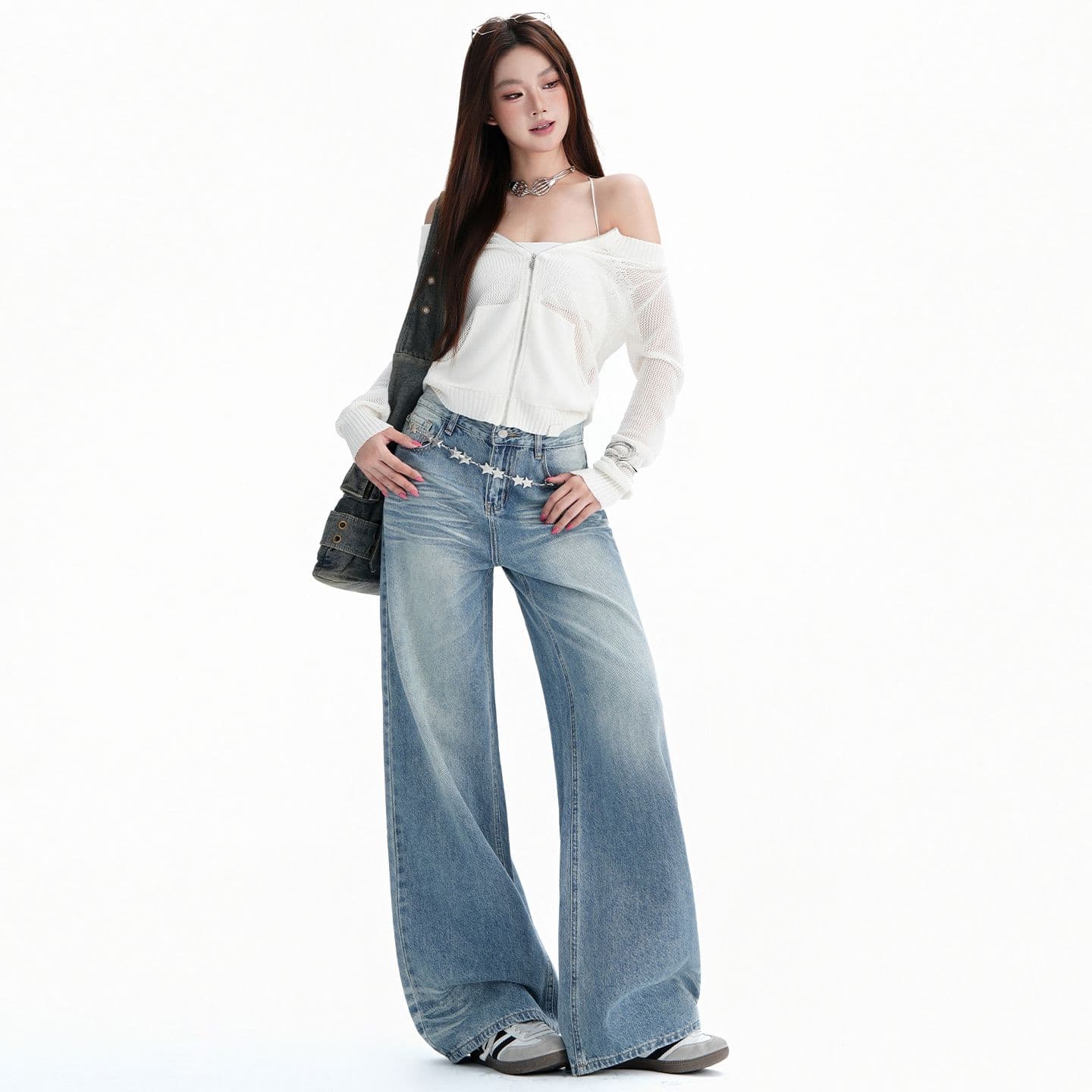 실사 아메리칸 레트로 워싱 주름 루즈핏 스트레이트 넓은 다리 청바지 여성 이미지 5