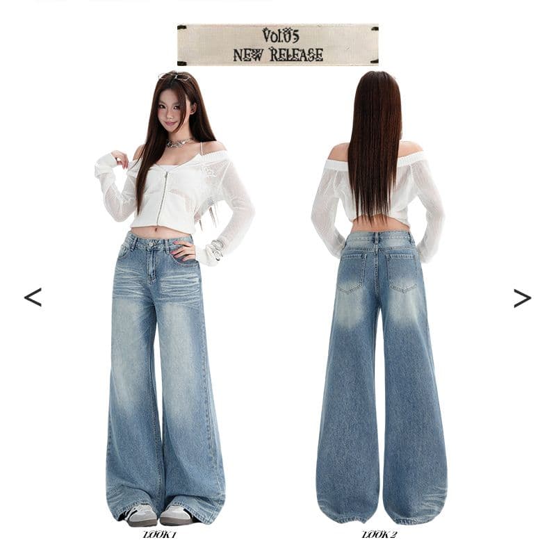 실사 아메리칸 레트로 워싱 주름 루즈핏 스트레이트 넓은 다리 청바지 여성 상세 이미지 2