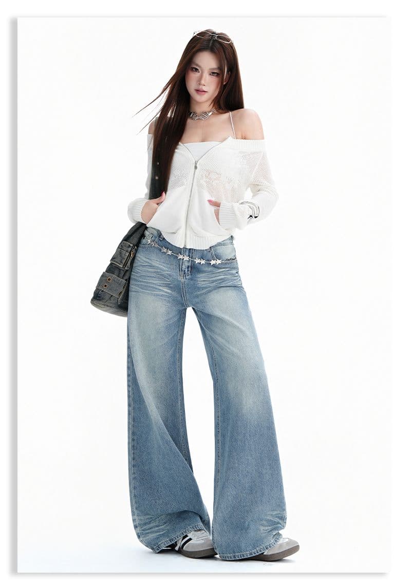 실사 아메리칸 레트로 워싱 주름 루즈핏 스트레이트 넓은 다리 청바지 여성 상세 이미지 9