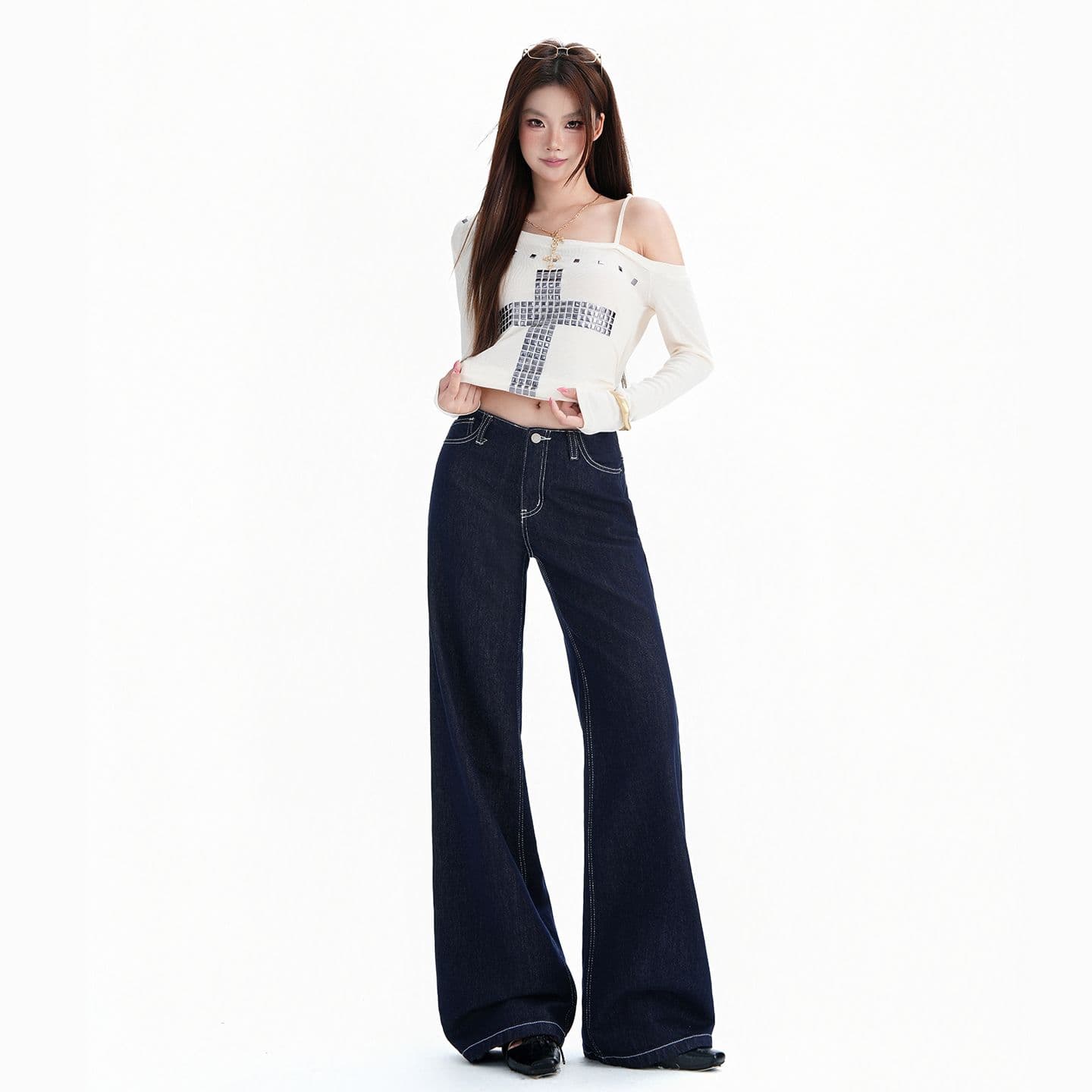 실사 가을 아메리칸 레트로 작은 대중 허리 머리 디자인 로우 웨이스트 루즈핏 넓은 다리 청바지 여성
