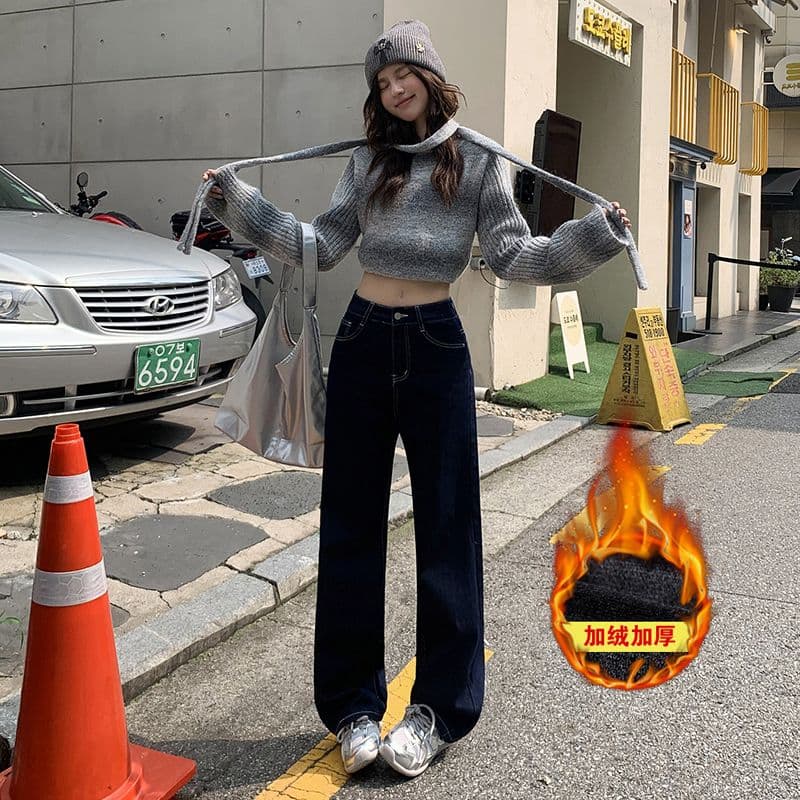 실사 검정색 청바지 여성 2026 가을 겨울 새로운 좁은 에디션 루즈핏 하이웨이스트 슬림해 보이는 작은 키 와이드 레그 팬츠 어린이 이미지 3