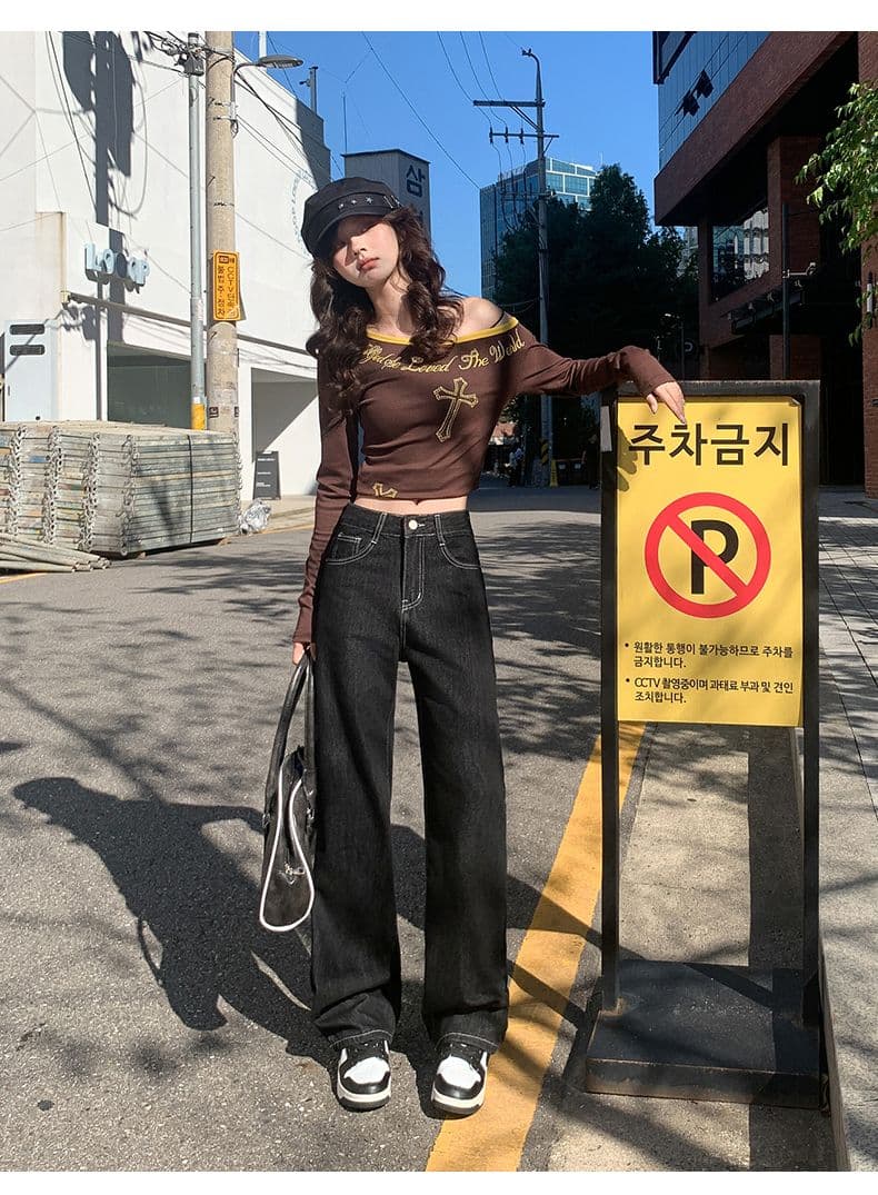 실사 검정색 청바지 여성 2026 가을 겨울 새로운 좁은 에디션 루즈핏 하이웨이스트 슬림해 보이는 작은 키 와이드 레그 팬츠 어린이 상세 이미지 20