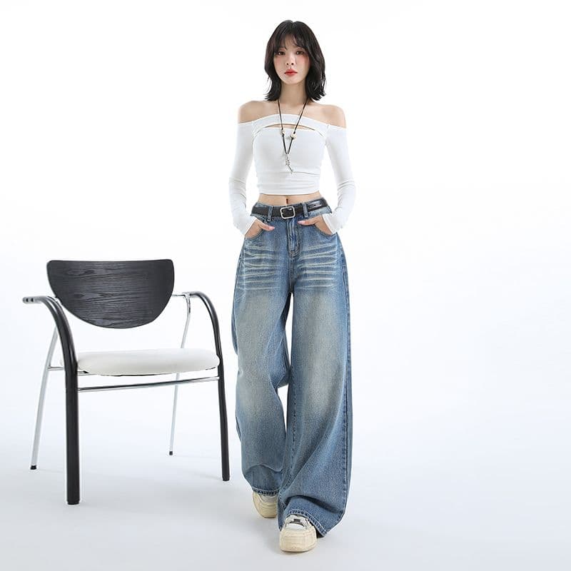 실사 ykk 가을 주름 장식 루즈핏 느긋한 레트로 하늘색 데님 와이드 레깅스 바지 이미지 2