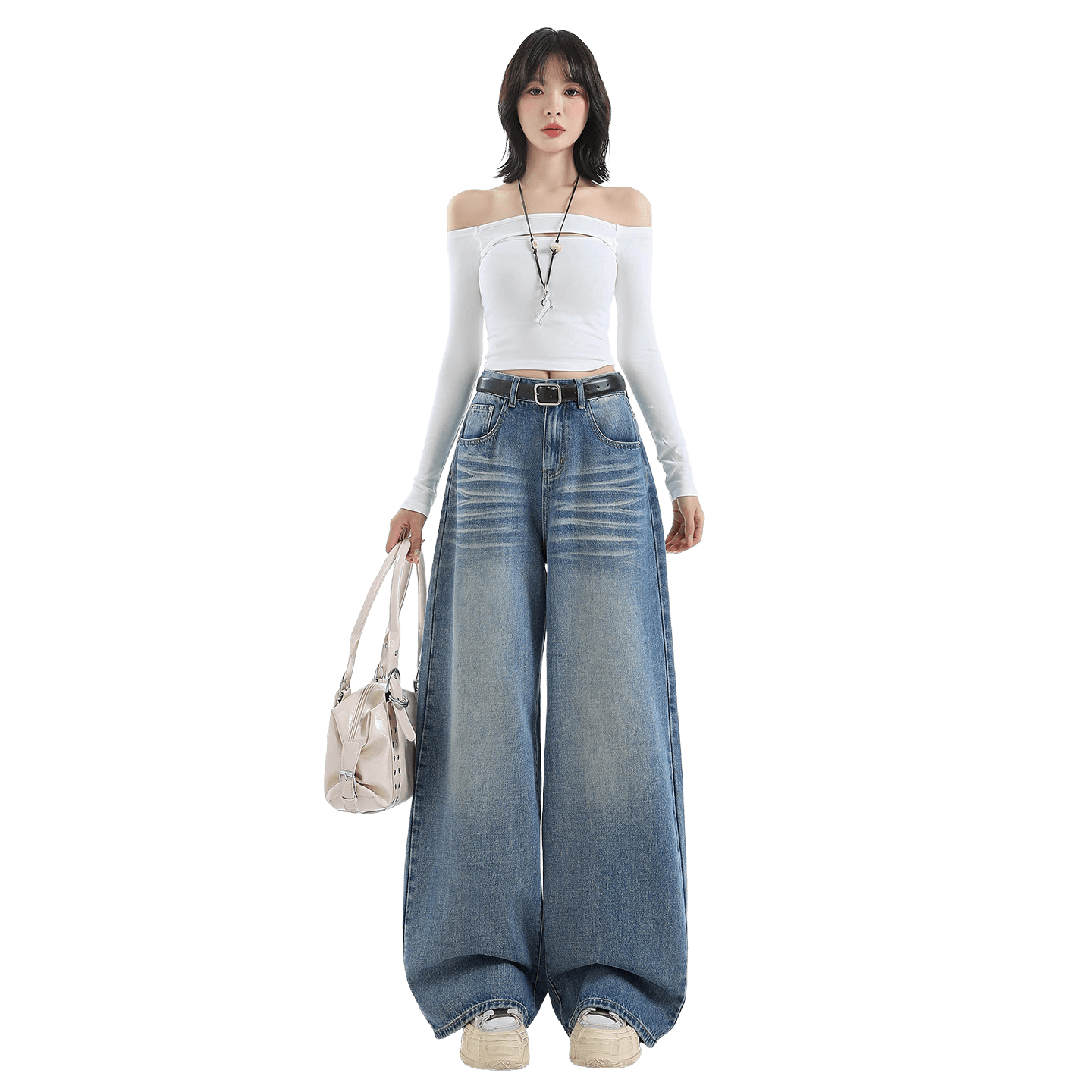 실사 ykk 가을 주름 장식 루즈핏 느긋한 레트로 하늘색 데님 와이드 레깅스 바지 이미지 5