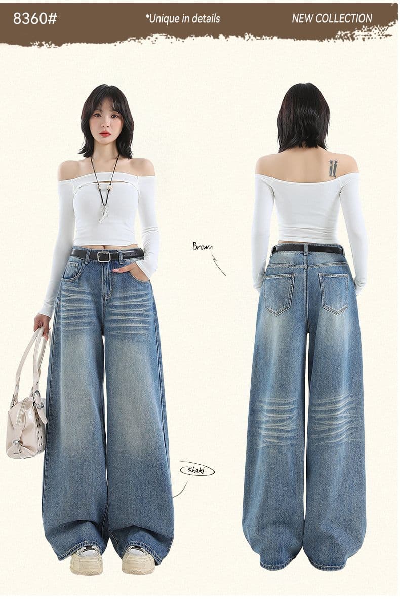 실사 ykk 가을 주름 장식 루즈핏 느긋한 레트로 하늘색 데님 와이드 레깅스 바지 상세 이미지 3