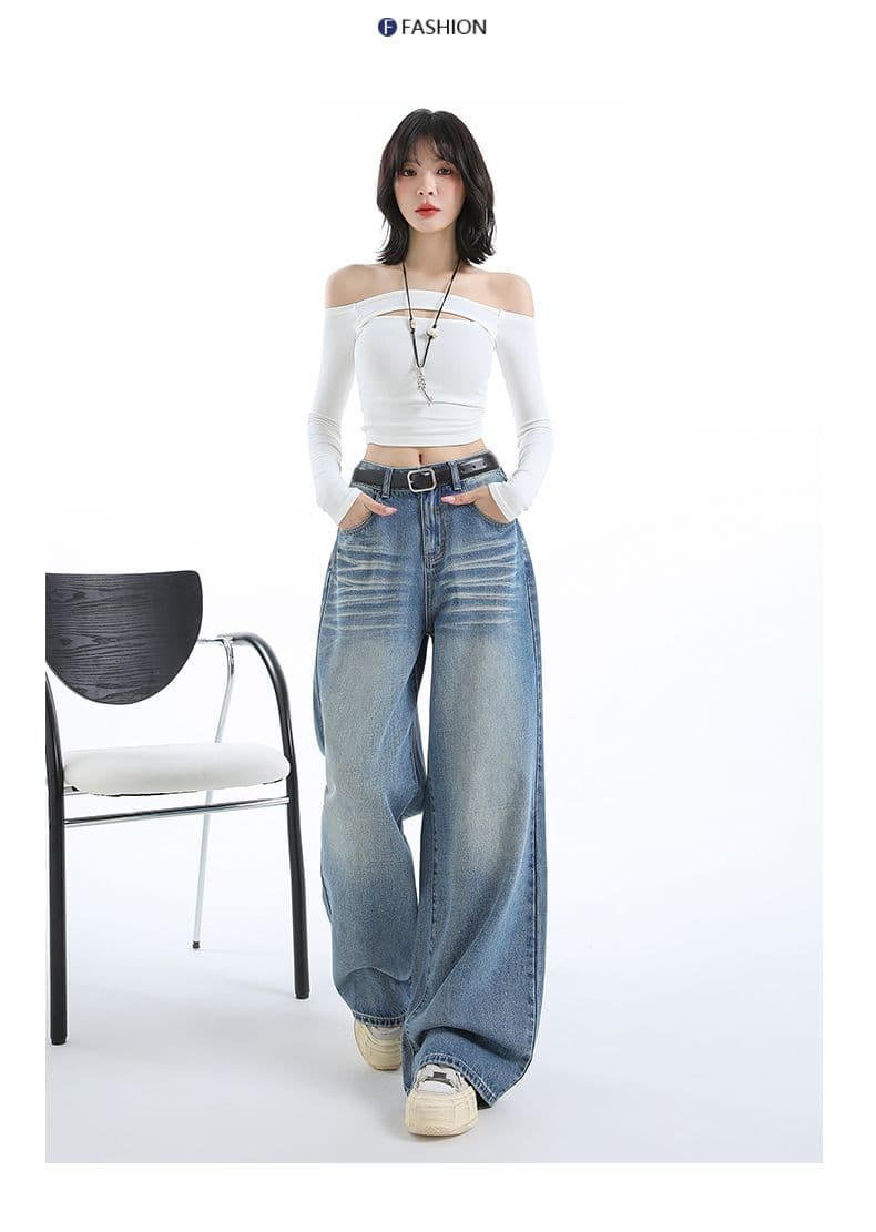 실사 ykk 가을 주름 장식 루즈핏 느긋한 레트로 하늘색 데님 와이드 레깅스 바지 상세 이미지 9