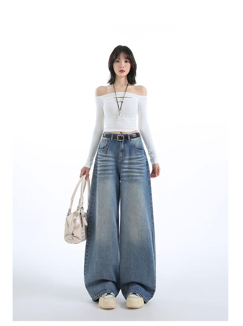 실사 ykk 가을 주름 장식 루즈핏 느긋한 레트로 하늘색 데님 와이드 레깅스 바지 상세 이미지 11