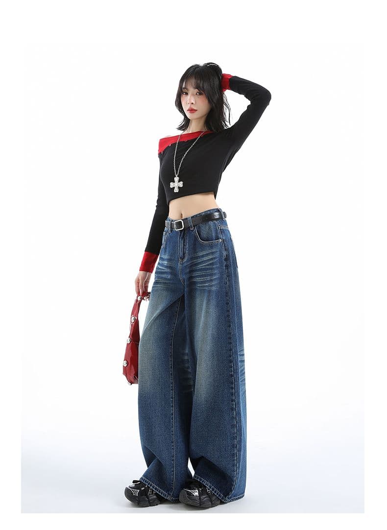 실사 ykk 가을 주름 장식 루즈핏 느긋한 레트로 하늘색 데님 와이드 레깅스 바지 상세 이미지 22
