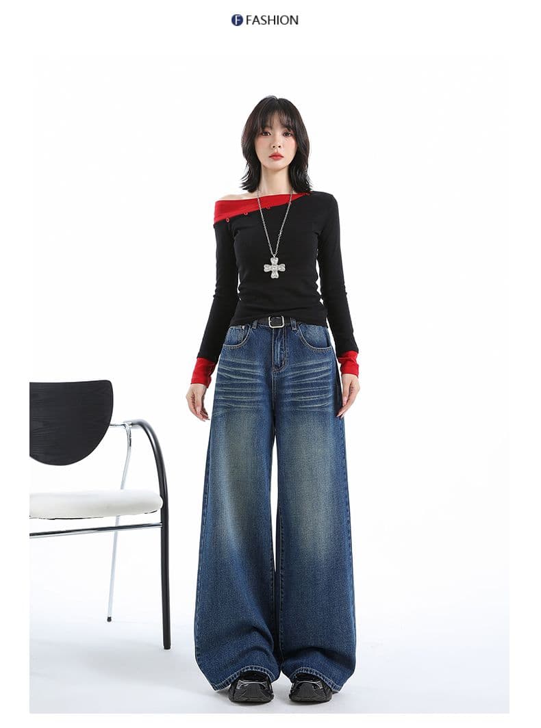 실사 ykk 가을 주름 장식 루즈핏 느긋한 레트로 하늘색 데님 와이드 레깅스 바지 상세 이미지 24