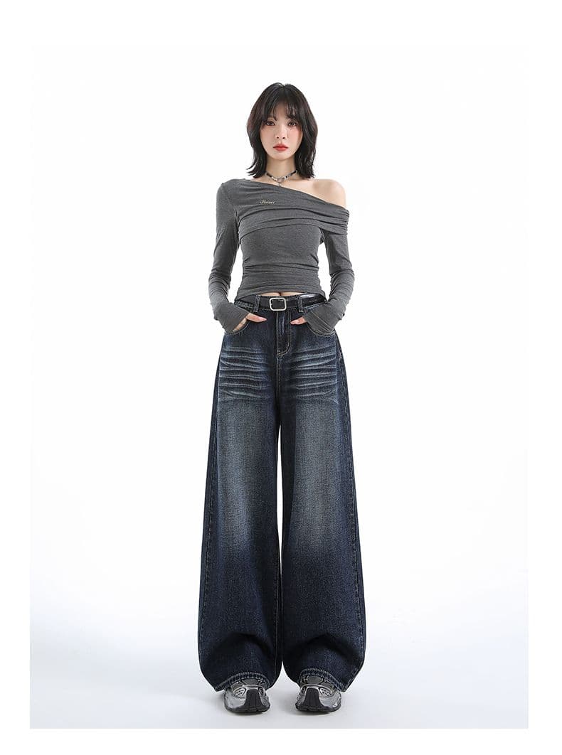 실사 ykk 가을 주름 장식 루즈핏 느긋한 레트로 하늘색 데님 와이드 레깅스 바지 상세 이미지 33