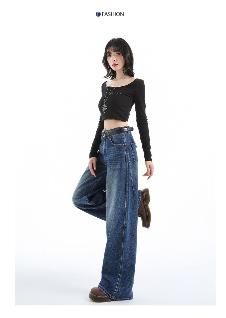 실사 봄 가을 새로운 레트로 파란색 넓은 다리 청바지 여성 스트레이트 루즈핏 다용도 캐주얼 바지 상세 이미지 13
