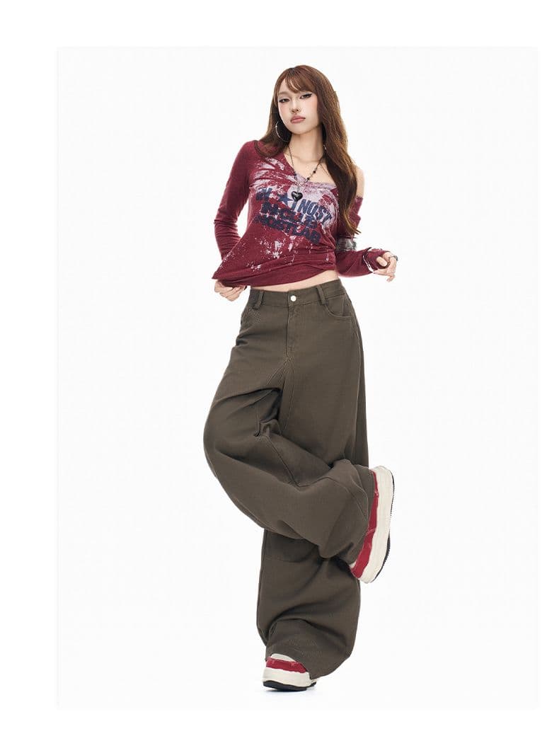 실사 가을 레트로 아메리칸 루즈핏 넓은 다리 모통이 칼 바지 캐주얼 워크웨어 데님 바닥 청소 바지 아이들 상세 이미지 14