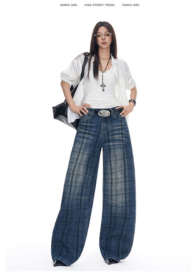 실사 체크무늬 자카드 레트로 넓은 다리 청바지 가을 새로운 루즈핏 아메리칸 높음 거리 바닥 청소 모통이 칼 바지 상세 이미지 15