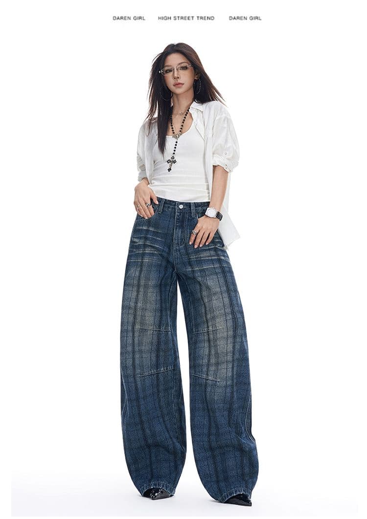 실사 체크무늬 자카드 레트로 넓은 다리 청바지 가을 새로운 루즈핏 아메리칸 높음 거리 바닥 청소 모통이 칼 바지 상세 이미지 17