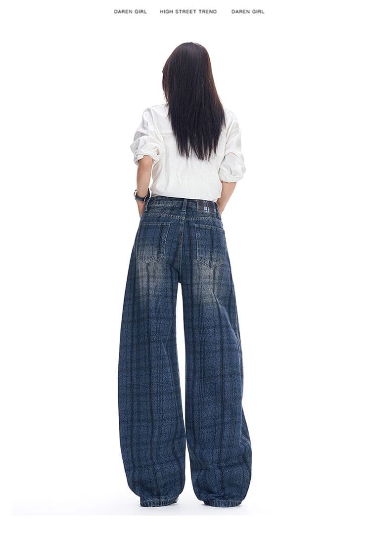 실사 체크무늬 자카드 레트로 넓은 다리 청바지 가을 새로운 루즈핏 아메리칸 높음 거리 바닥 청소 모통이 칼 바지 상세 이미지 22