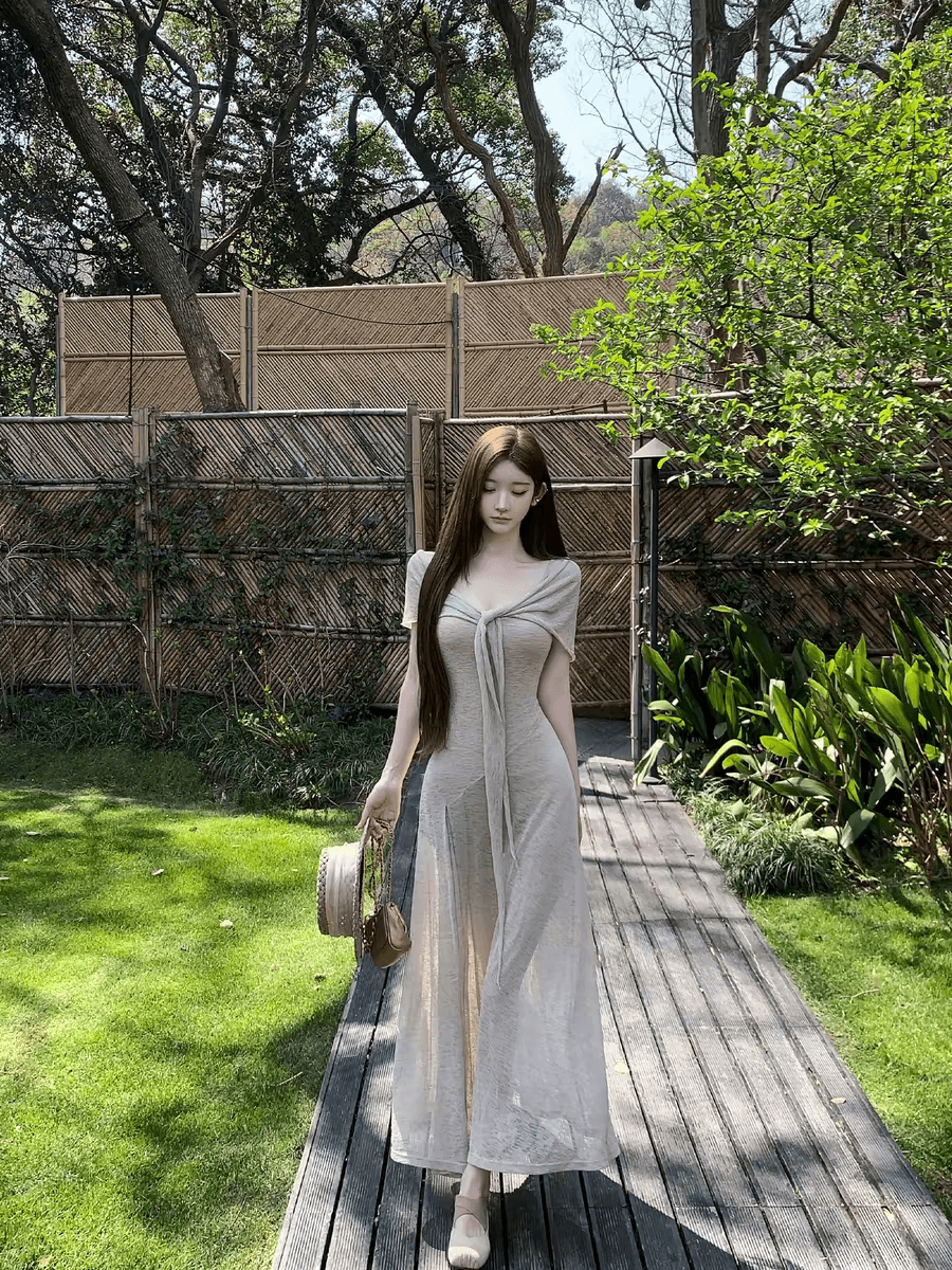 titi 작은 자매 모래 회화 산책 슬립 드레스 여름 부드러운 느슨함 오트밀 색상 얇은 스타일 니트 롱 스커트 이미지 4