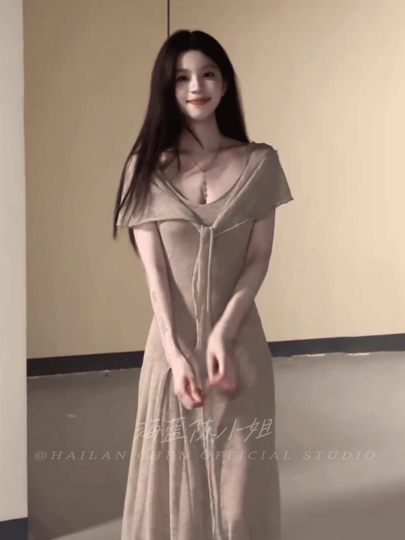titi 작은 자매 모래 회화 산책 슬립 드레스 여름 부드러운 느슨함 오트밀 색상 얇은 스타일 니트 롱 스커트 상세 이미지 7