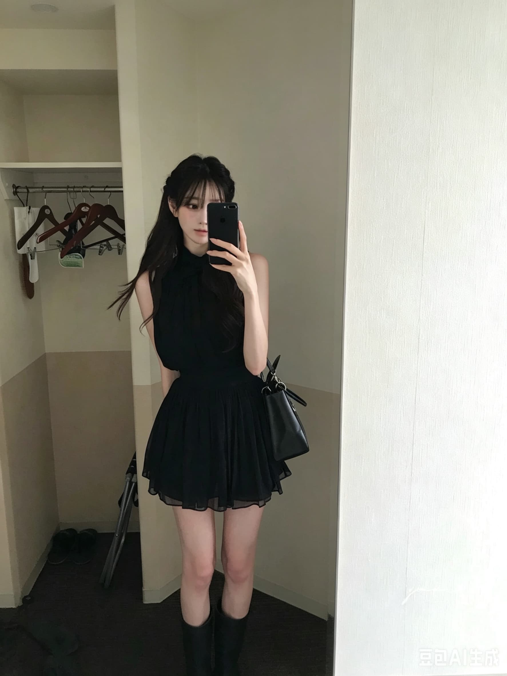 huliumi labelle 한국 작은 대중 디자인 흑인과 백인 백조 품격 허리 수축 행침 목 맨위 반 스커트 세트 이미지 2
