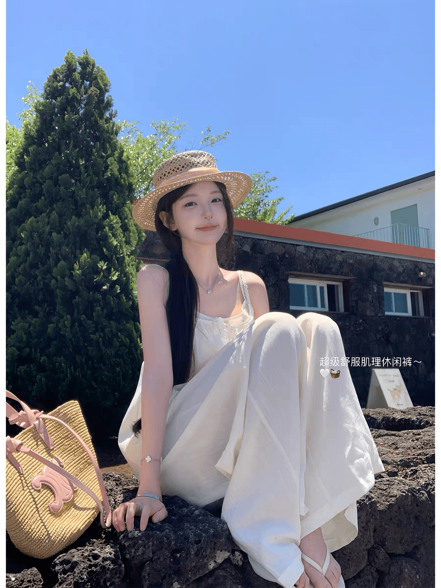 화이트 워터 여성 아마 펄럭 이는 바지 축소 Pleat 펌프 로프 와이드 레깅스 바지 여름 디자인 센스 루즈핏 느긋한 바람 캐주얼 치마바지 상세 이미지 2
