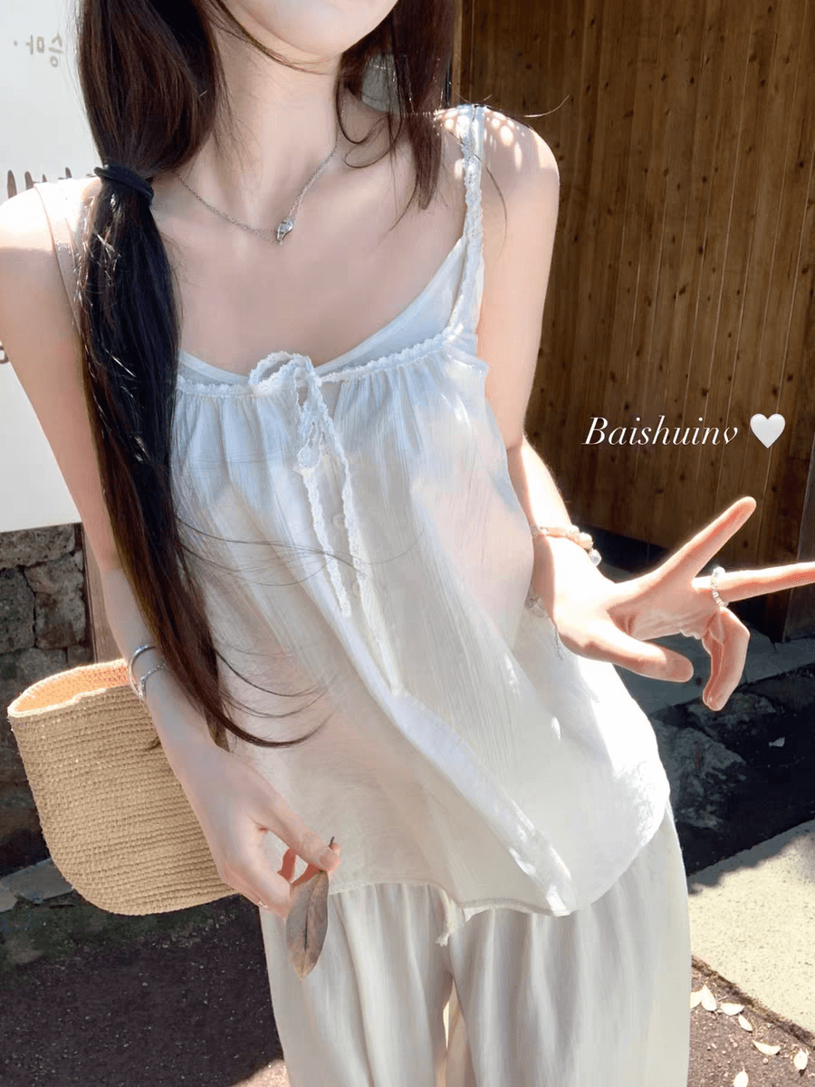 화이트 워터 여성 아마 펄럭 이는 바지 축소 Pleat 펌프 로프 와이드 레깅스 바지 여름 디자인 센스 루즈핏 느긋한 바람 캐주얼 치마바지 상세 이미지 8