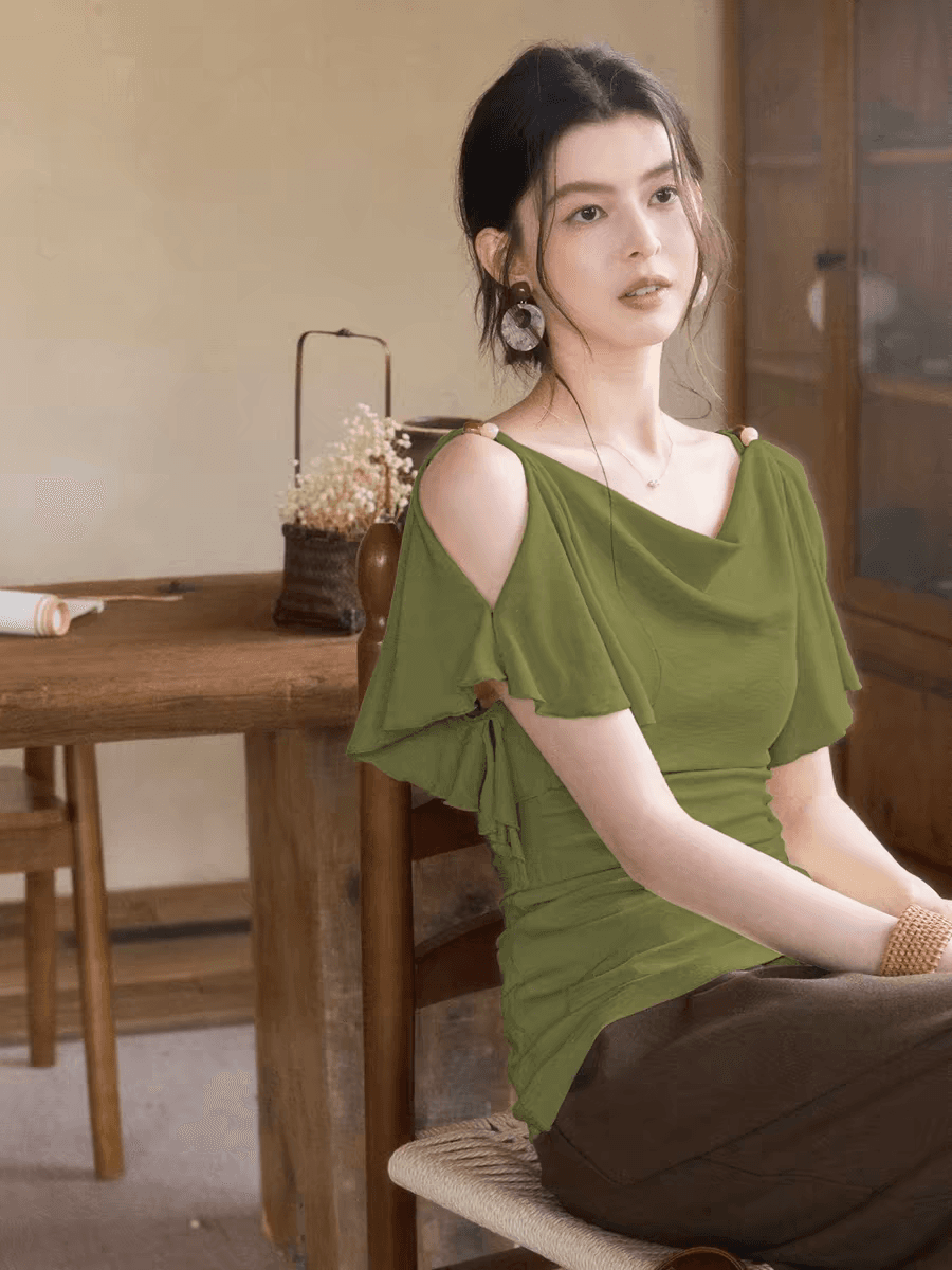 도파민 녹색 흔들다 칼라 프릴 오프숄더 티셔츠 여성 여름 착용 가져 가라. 품격 핫걸 바람 허리 수축 슬림해 보이는 맨위 상세 이미지 5