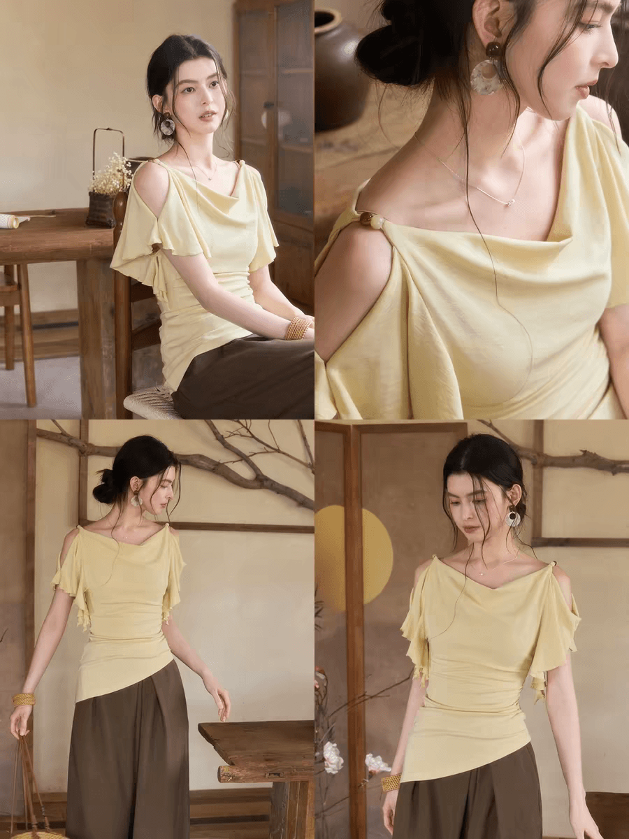 도파민 녹색 흔들다 칼라 프릴 오프숄더 티셔츠 여성 여름 착용 가져 가라. 품격 핫걸 바람 허리 수축 슬림해 보이는 맨위 상세 이미지 7