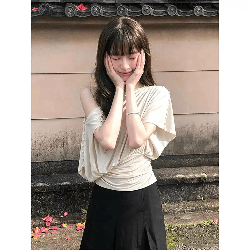recoin r1c 하나 의류 세 착용 여름 외출용 조끼 여성 보트넥 허리 수축 비스듬한 어깨 반팔 티셔츠 맨위 상세 이미지 4