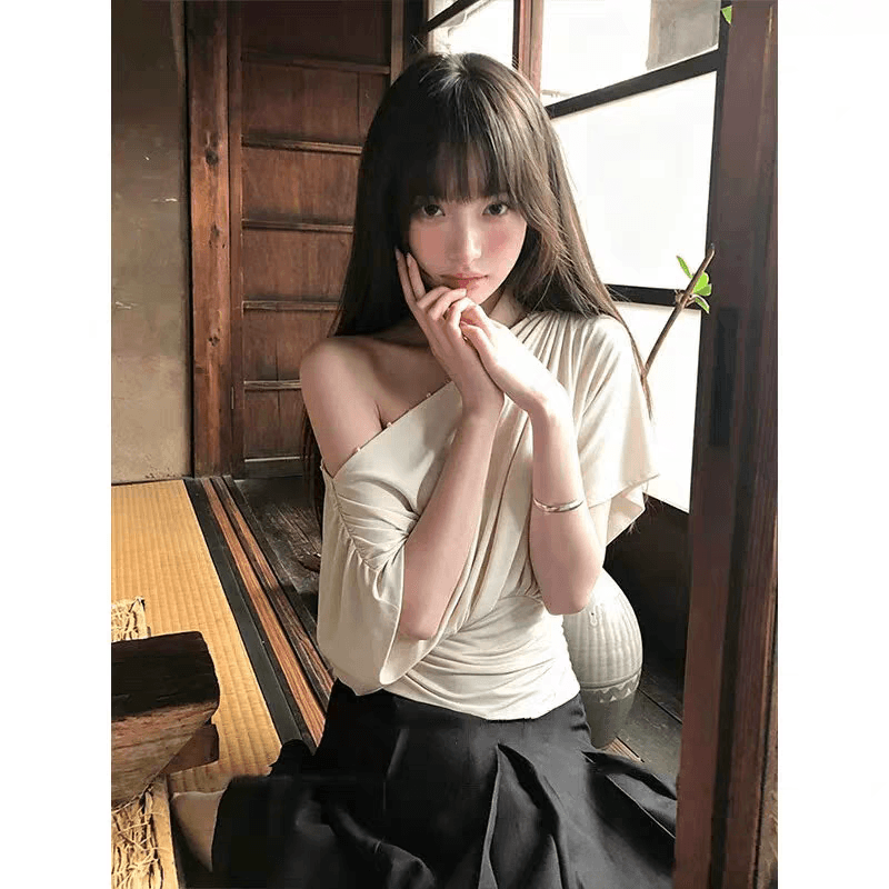 recoin r1c 하나 의류 세 착용 여름 외출용 조끼 여성 보트넥 허리 수축 비스듬한 어깨 반팔 티셔츠 맨위 상세 이미지 5