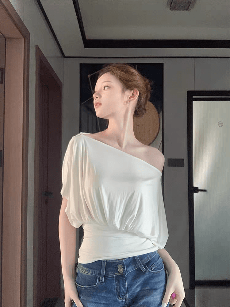 recoin r1c 하나 의류 세 착용 여름 외출용 조끼 여성 보트넥 허리 수축 비스듬한 어깨 반팔 티셔츠 맨위 상세 이미지 9