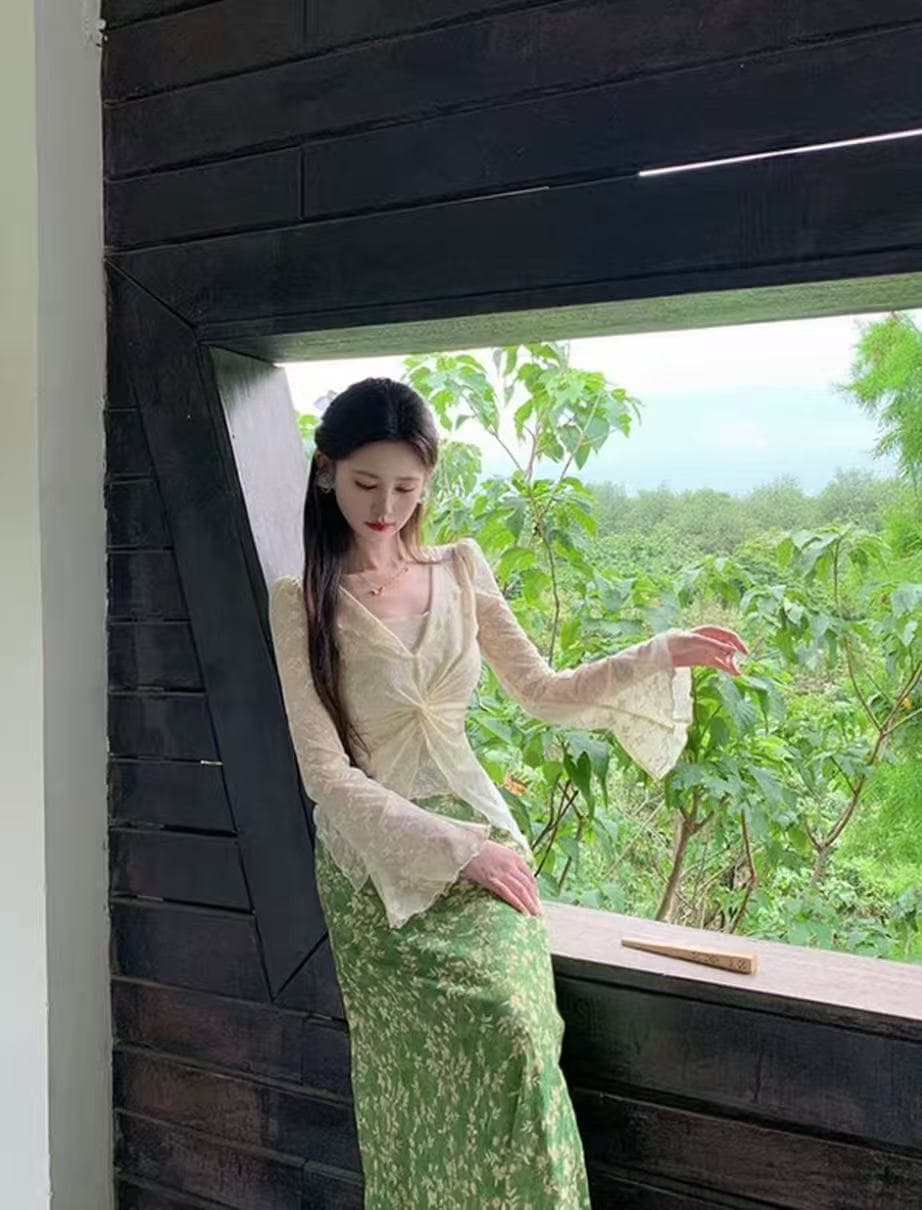평생 로마의 녹색 岚 매몰 여름 디자인 센스 비틀림 레이스 외부 잡아라. 의류 녹색 岚 매몰 여름 꽃무늬 반신 스커트 상세 이미지 2