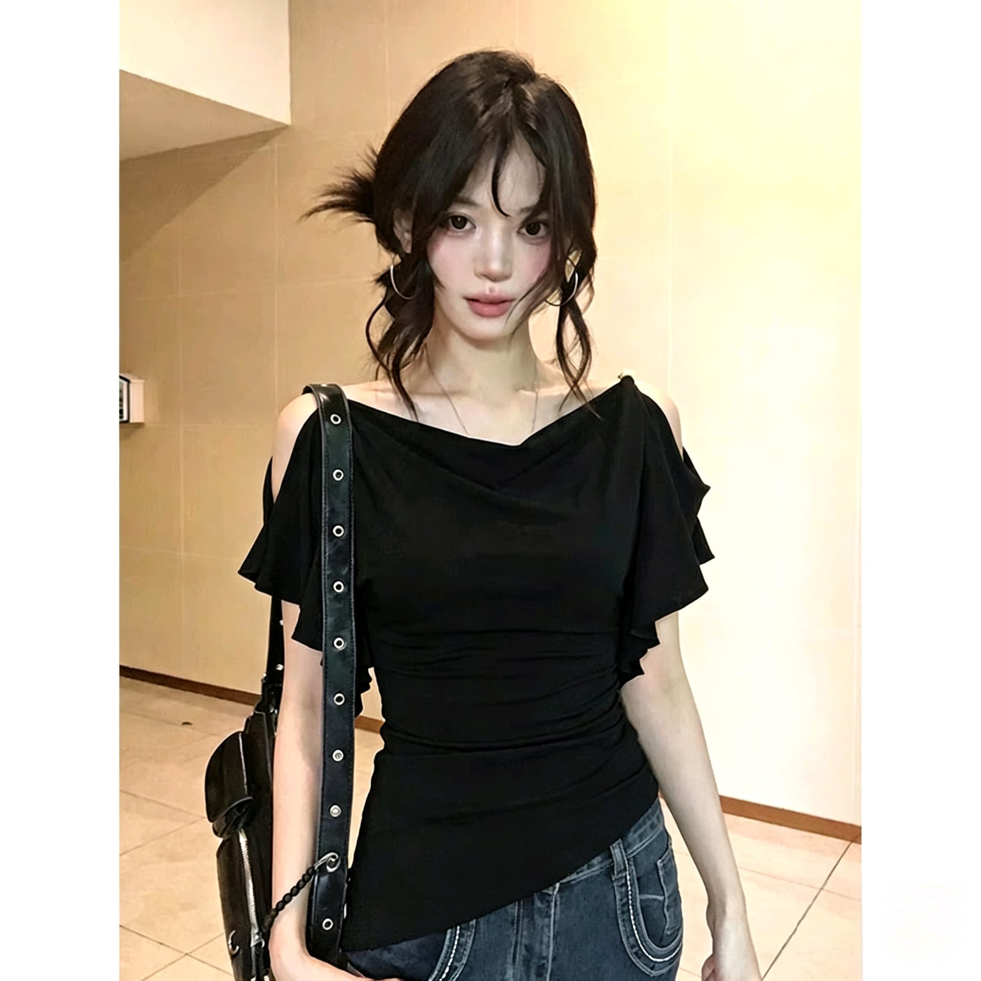 둘 착용 프랑스식 흔들다 칼라 부드러운 미적 감각 대 가을 어깨 의류 여성 오프숄더 프릴 티셔츠 이미지 4