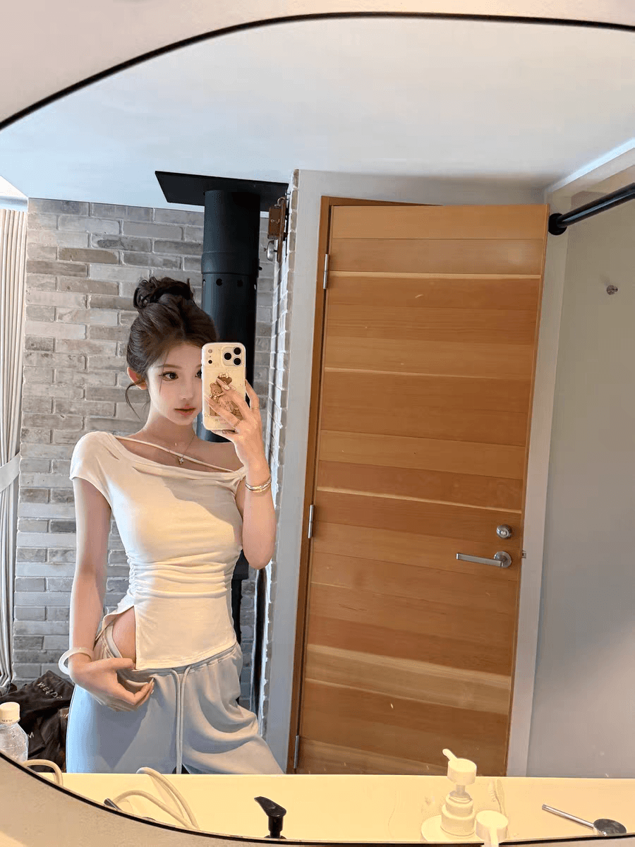 05 26 jmshop 심장 마비 커브 비스듬한 어깨 칼라 깨진 Pleat 허리 수축 트임 반팔 티셔츠 여름 몸매 가꾸기 다용도