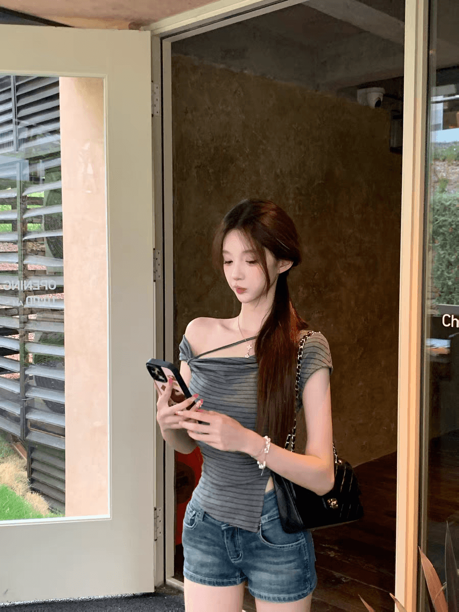 05 26 jmshop 심장 마비 커브 비스듬한 어깨 칼라 깨진 Pleat 허리 수축 트임 반팔 티셔츠 여름 몸매 가꾸기 다용도 이미지 3