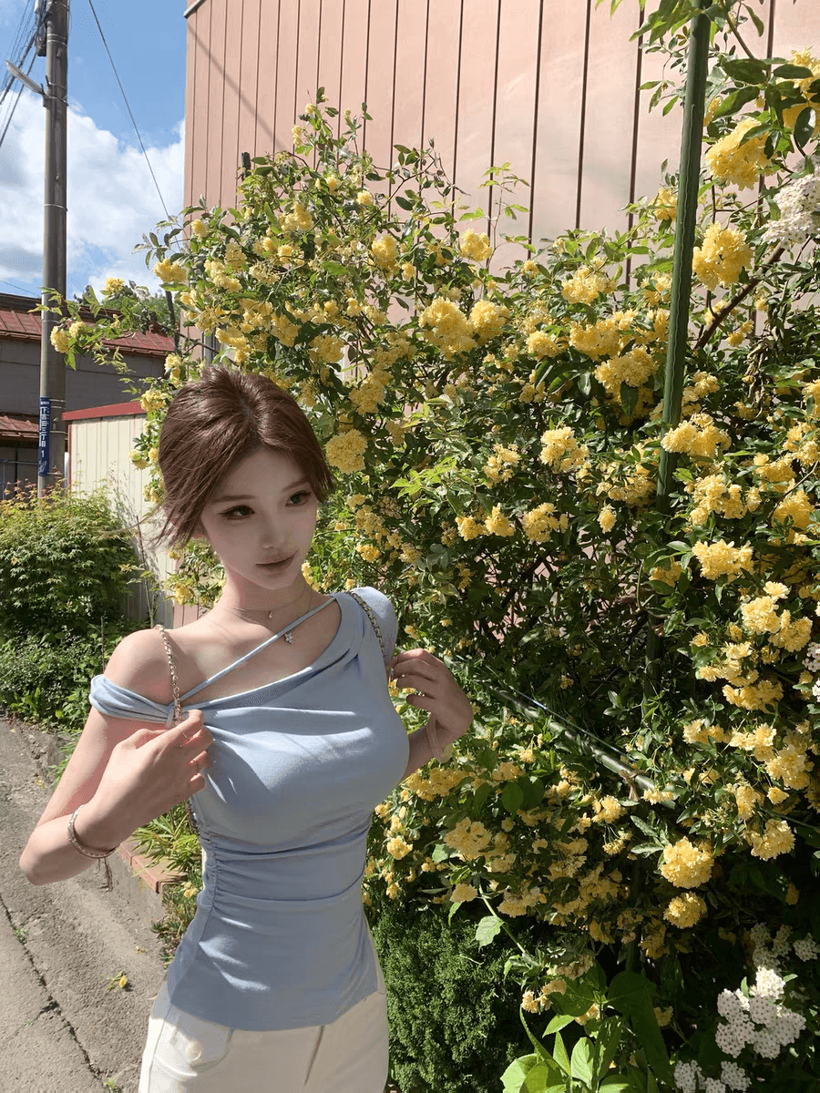 05 26 jmshop 심장 마비 커브 비스듬한 어깨 칼라 깨진 Pleat 허리 수축 트임 반팔 티셔츠 여름 몸매 가꾸기 다용도 상세 이미지 3
